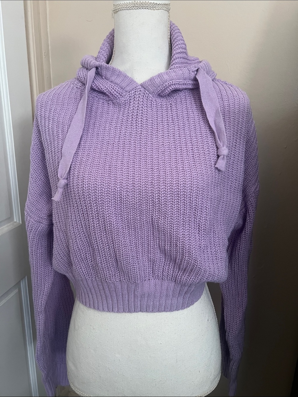 Lilac V-Neck Knit Hoodie Sweater